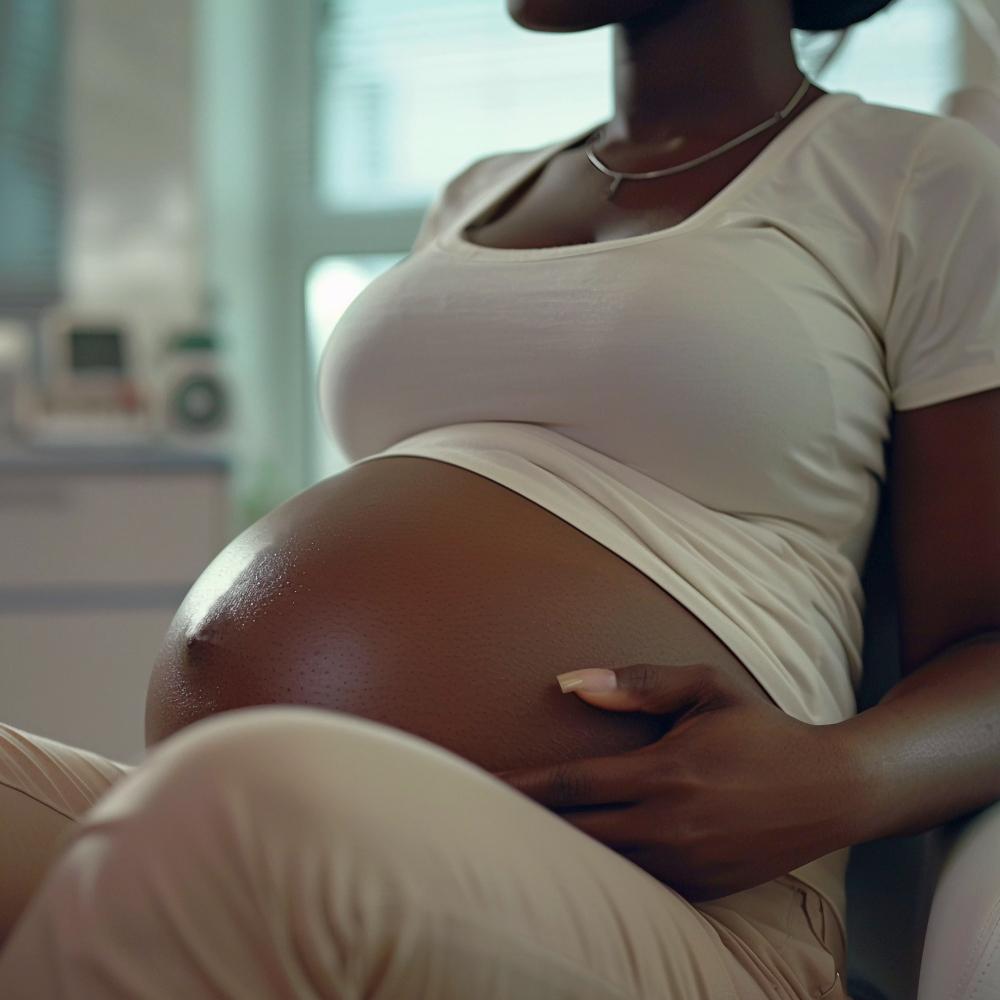 black pregnant women posing with her pregnant belly
